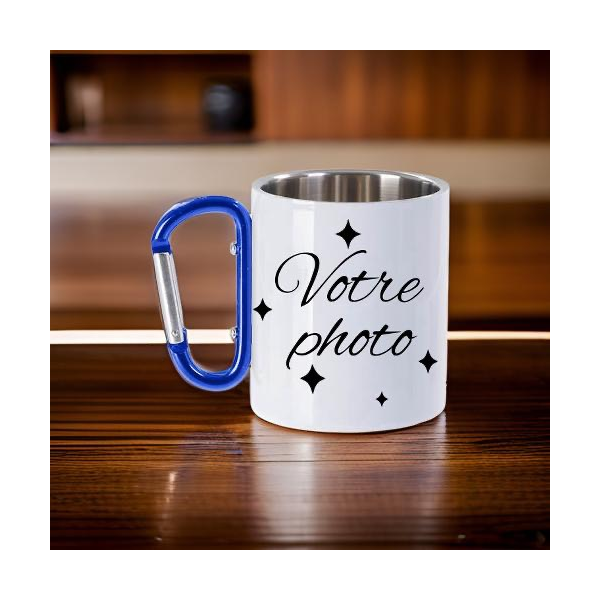 Mug anse mousqueton bleu, métallique, blanc à personnaliser