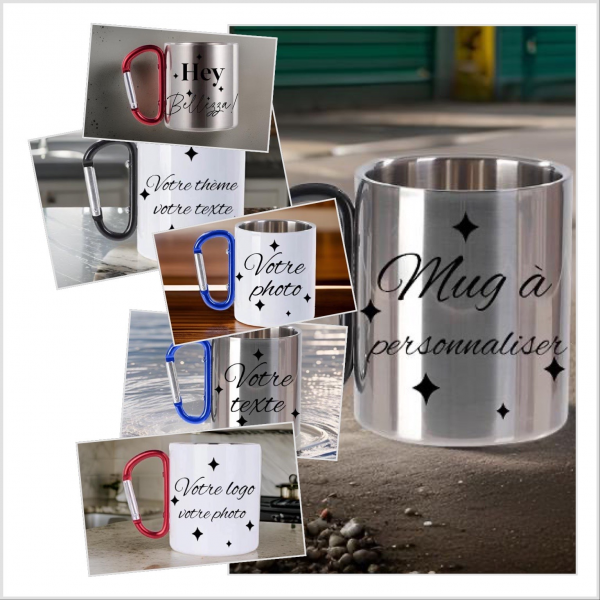 Mug anse mousqueton bleu, métallique, blanc à personnaliser