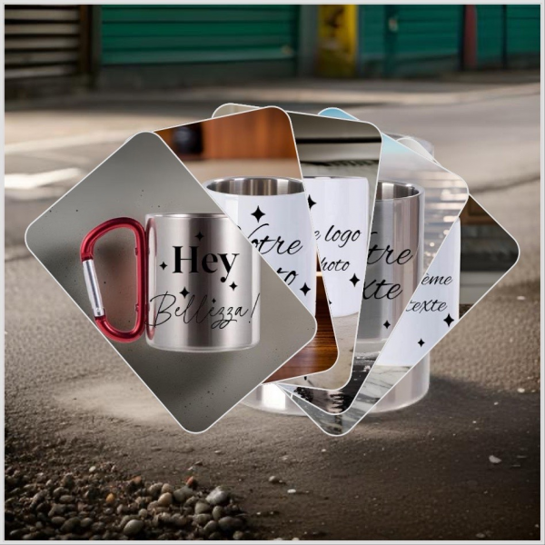 Mug anse mousqueton bleu, métallique, blanc à personnaliser