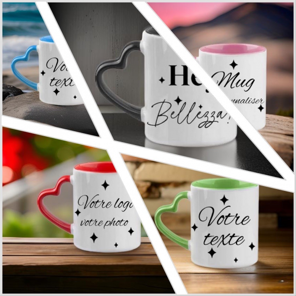 Mug anse cœur, intérieur couleur rose, à personnaliser
