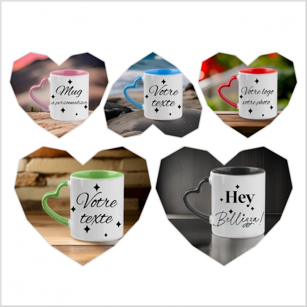 Mug anse cœur, intérieur couleur rose, à personnaliser