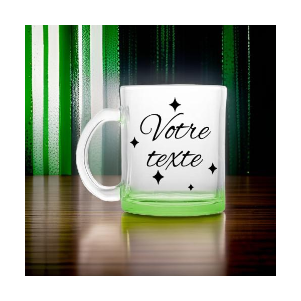 Mug en verre transparent, fond couleur bleu marine, à personnaliser
