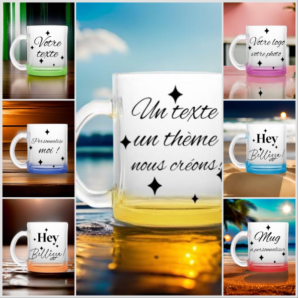 Mug en verre transparent, fond couleur bleu marine, à personnaliser