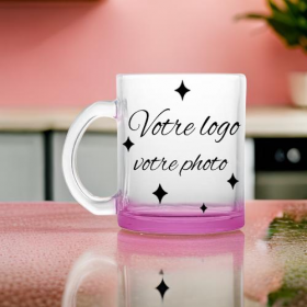 Mug en verre transparent, fond couleur rose, à personnaliser