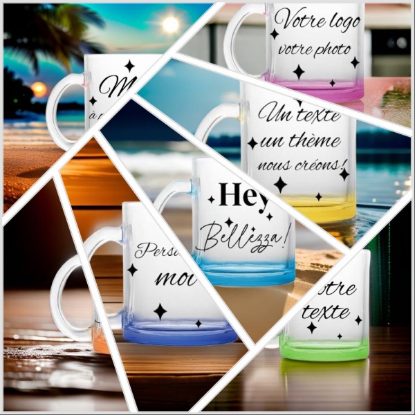 Mug en verre transparent, fond couleur orange, à personnaliser