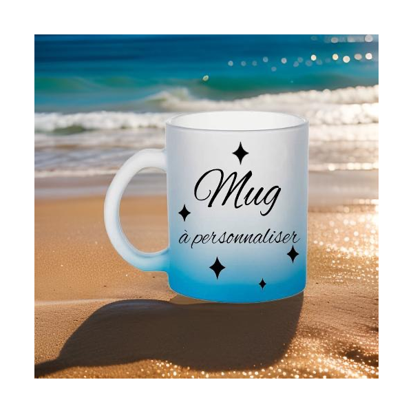 Mug en verre givré, couleur bleu azur , à personnaliser