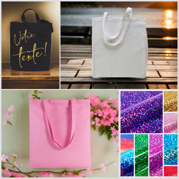 Tote bag, couleur blanc, sac fourre tout,  à personnaliser, avec effet hologramme, délais de traitement sous 8 à 10 jours