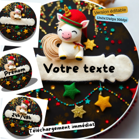 Noël, licorne, image ronde png , téléchargement instantané + version éditable